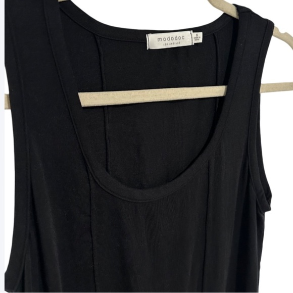 Mododoc Black Sleeveless Midi Dress S | Asymmetrical Hem Swirl Detail - Picture 5 of 6